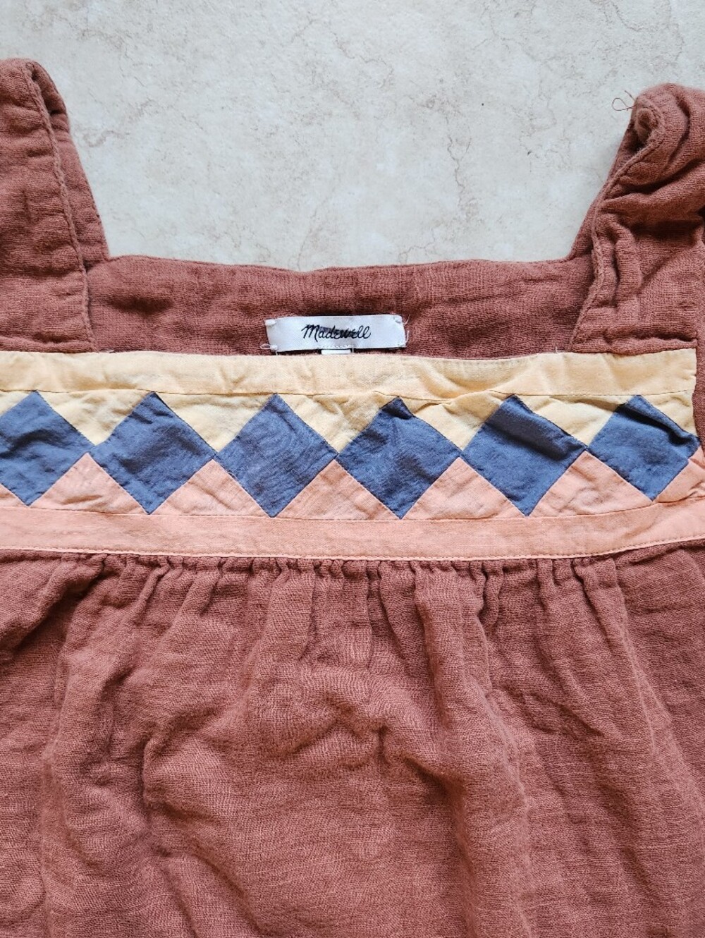 Madewell Patchwork Square Neck Gauze Blouse Top M Brown Burnt Clay Boho - Picture 4 of 13
